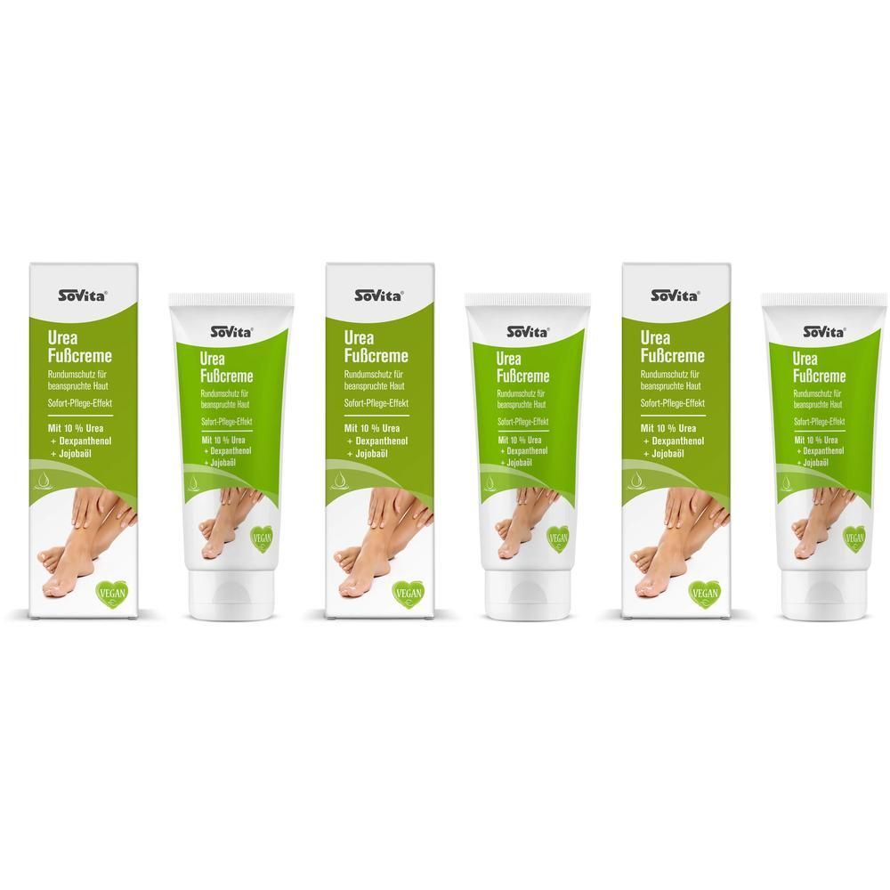 Sechs Tuben und Schachteln SoVita® Urea Fußcreme. Weiße Tuben mit grüner Schrift und Abbildung eines Fußes. Grüne Schachteln.