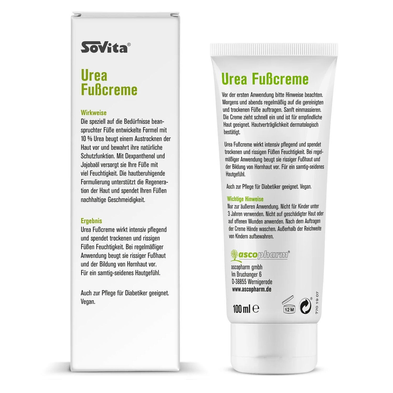 SoVita® Urea Fußcreme Tube und Schachtel. Weiße Tube mit grünem Text. Schachtel mit Text und Inhaltsangaben. 100 ml.