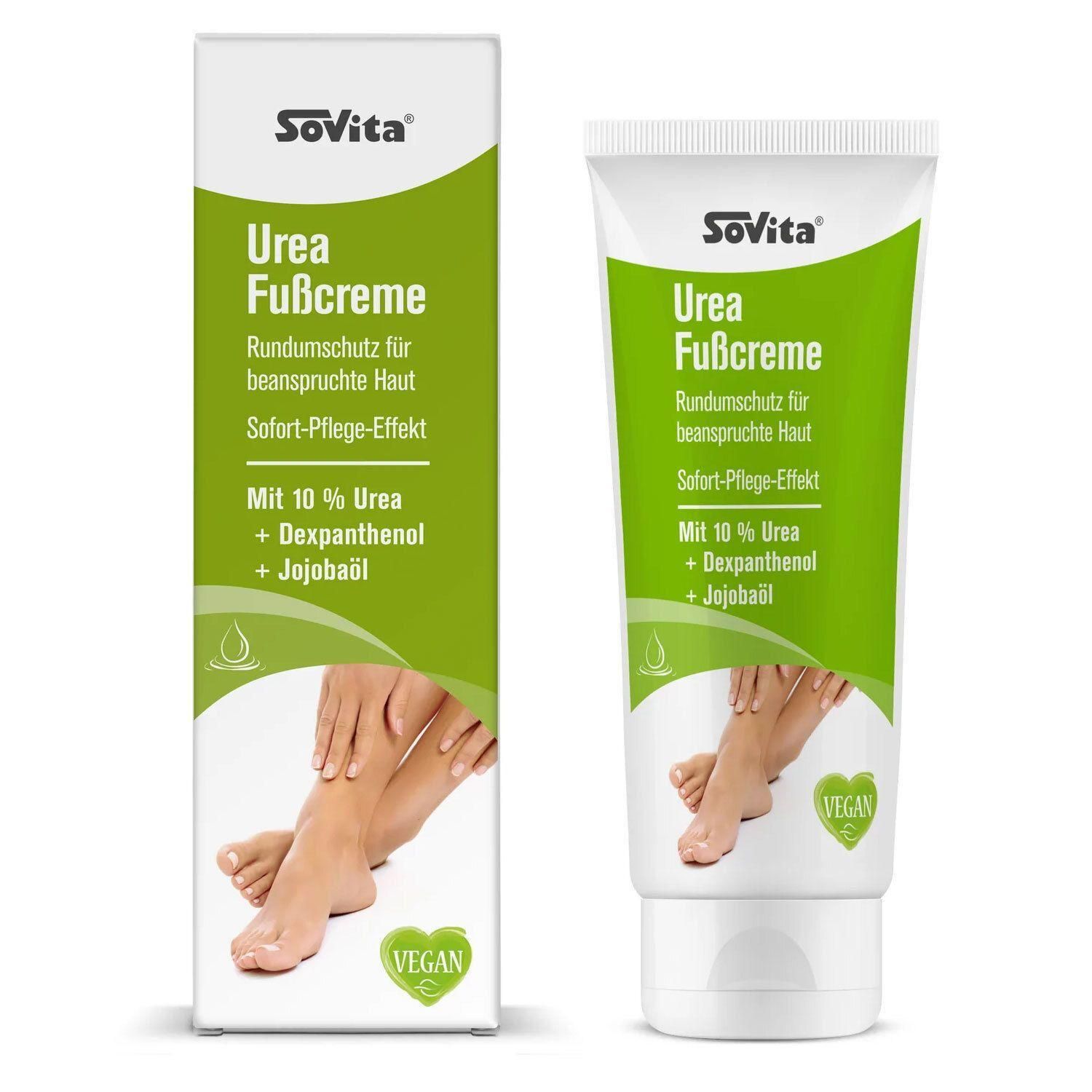 SoVita Urea Fußcreme. Tube und Verpackung. Grün-weiß. Text: Urea Fußcreme, 10% Urea, Dexpanthenol, Jojobaöl. Vegan-Siegel.