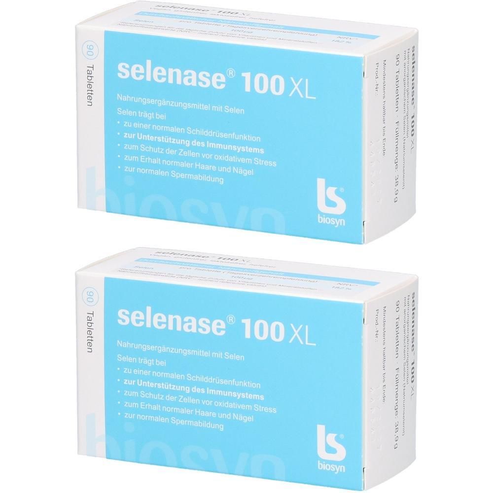 Zwei Schachteln selenase® 100 XL. Blaue und weiße Verpackung mit Produktnamen und Logos. Text in deutscher Sprache.