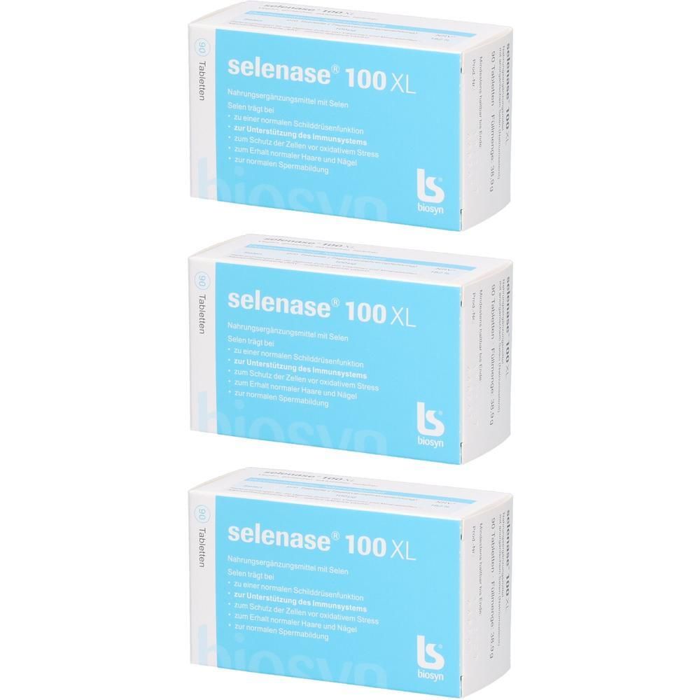 Drei Schachteln selenase® 100 XL. Hellblaue Verpackung mit weißer Schrift. Logo von bioviva.