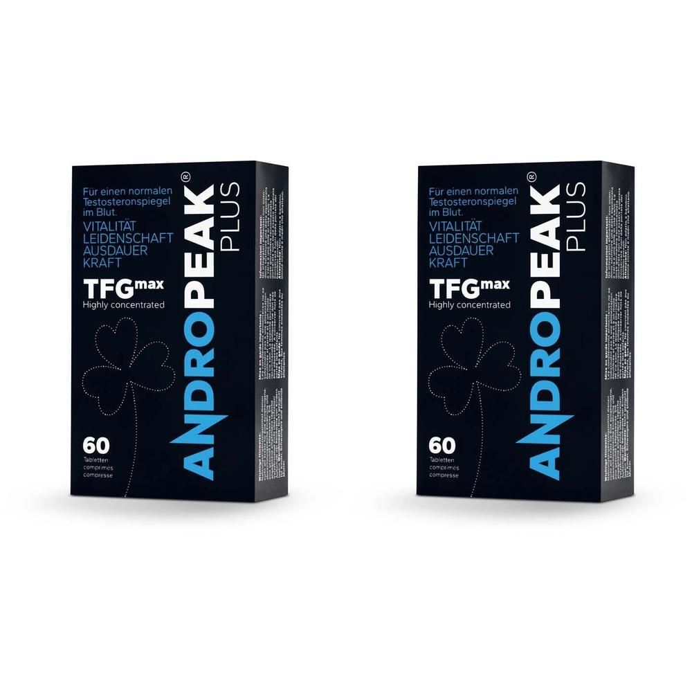 Zwei schwarze Schachteln mit der Aufschrift "ANDROPEAK PLUS". Auf jeder Schachtel steht "60" und weitere Informationen.