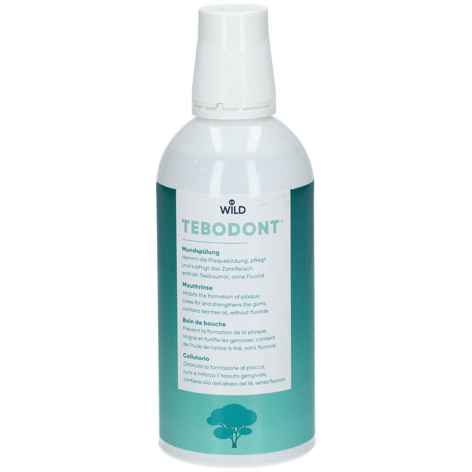 WILD TEBODONT Mundspülung in weißer Flasche mit türkisfarbenem Etikett und Baum-Symbol.