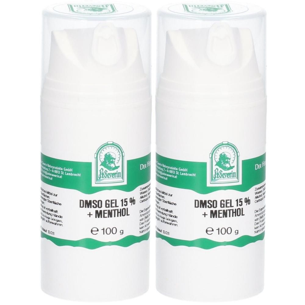 Zwei weiße Flaschen mit grünem Etikett. Aufschrift: DMSO GEL 15% + MENTHOL. Mit Dosierkopf und transparentem Deckel. Marke: St. Severin.