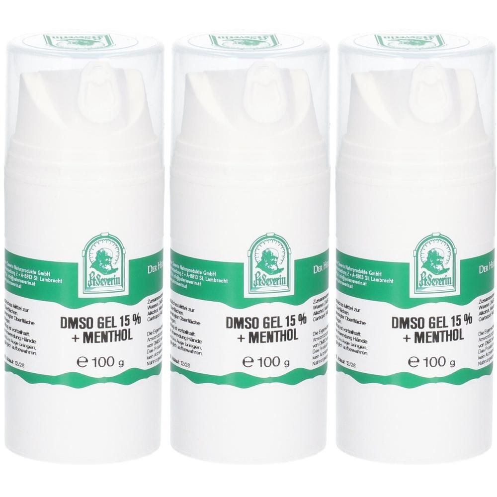 Drei weiße Flaschen mit grünem Etikett. Aufschrift: DMSO Gel 15% + Menthol. Klare Kappe.