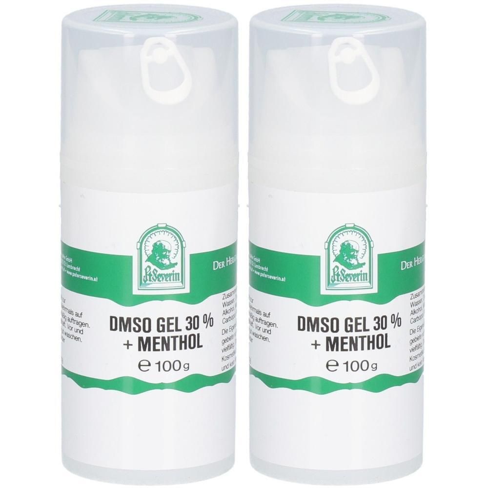 Zwei weiße Spenderflaschen mit je 100g DMSO GEL 30% + Menthol von St. Severin.