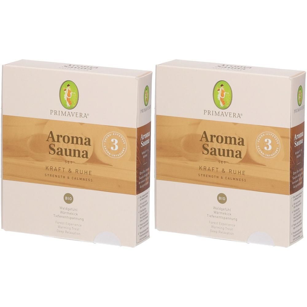 Zwei PRIMAVERA Aroma Sauna Kraft & Ruhe Kartons mit Bio-Siegel.