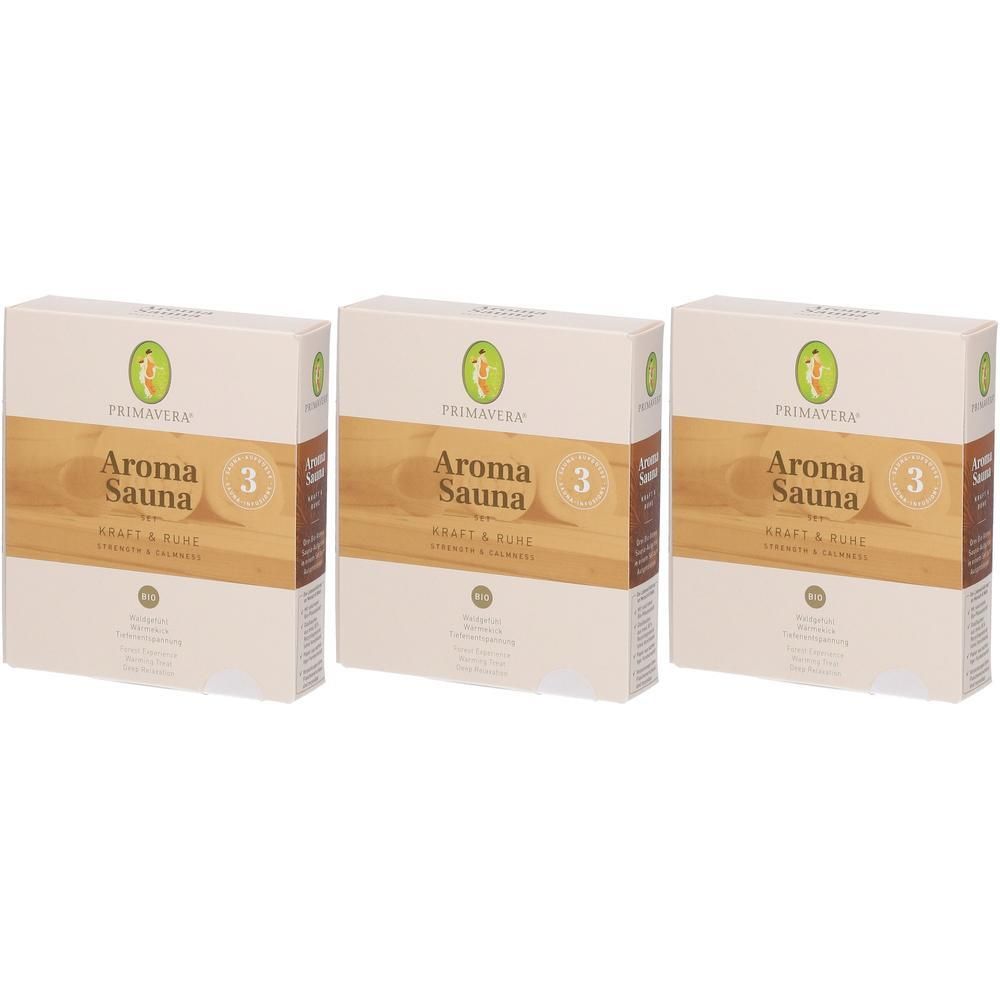 Drei Schachteln PRIMAVERA Aroma Sauna Kraft & Ruhe mit Holzoptik und Logo.