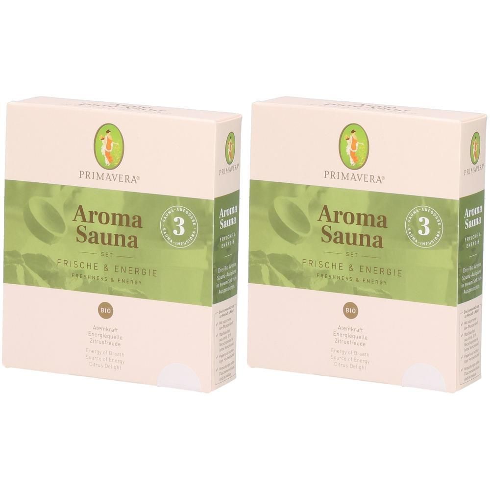 Zwei PRIMAVERA Aroma Sauna Sets mit "Frische & Energie" Aufschrift und Bio-Siegel.