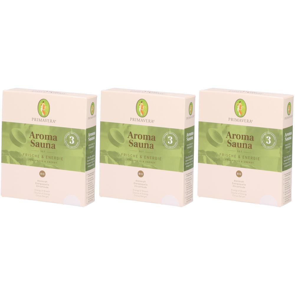 Drei Packungen PRIMAVERA Aroma Sauna FRISCHE & ENERGIE mit je 3 Duftkonzentraten.