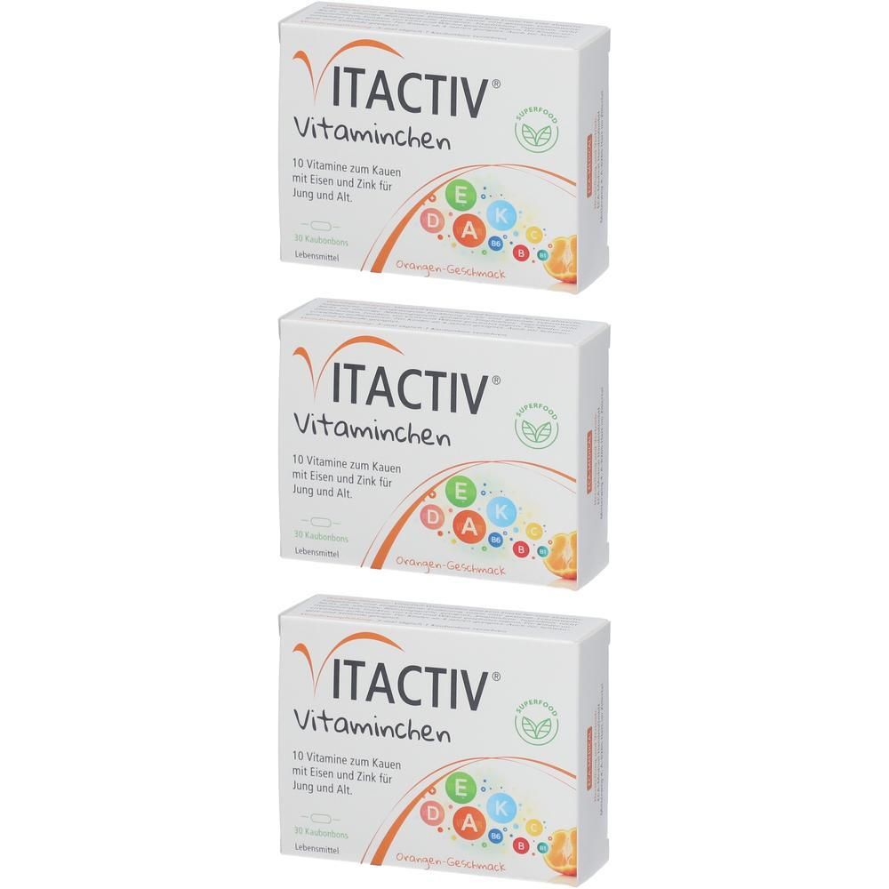 Drei Schachteln VITACTIV Vitaminchen mit Vitaminen, Eisen und Zink. Zitronen-Gelee-Bonbons.