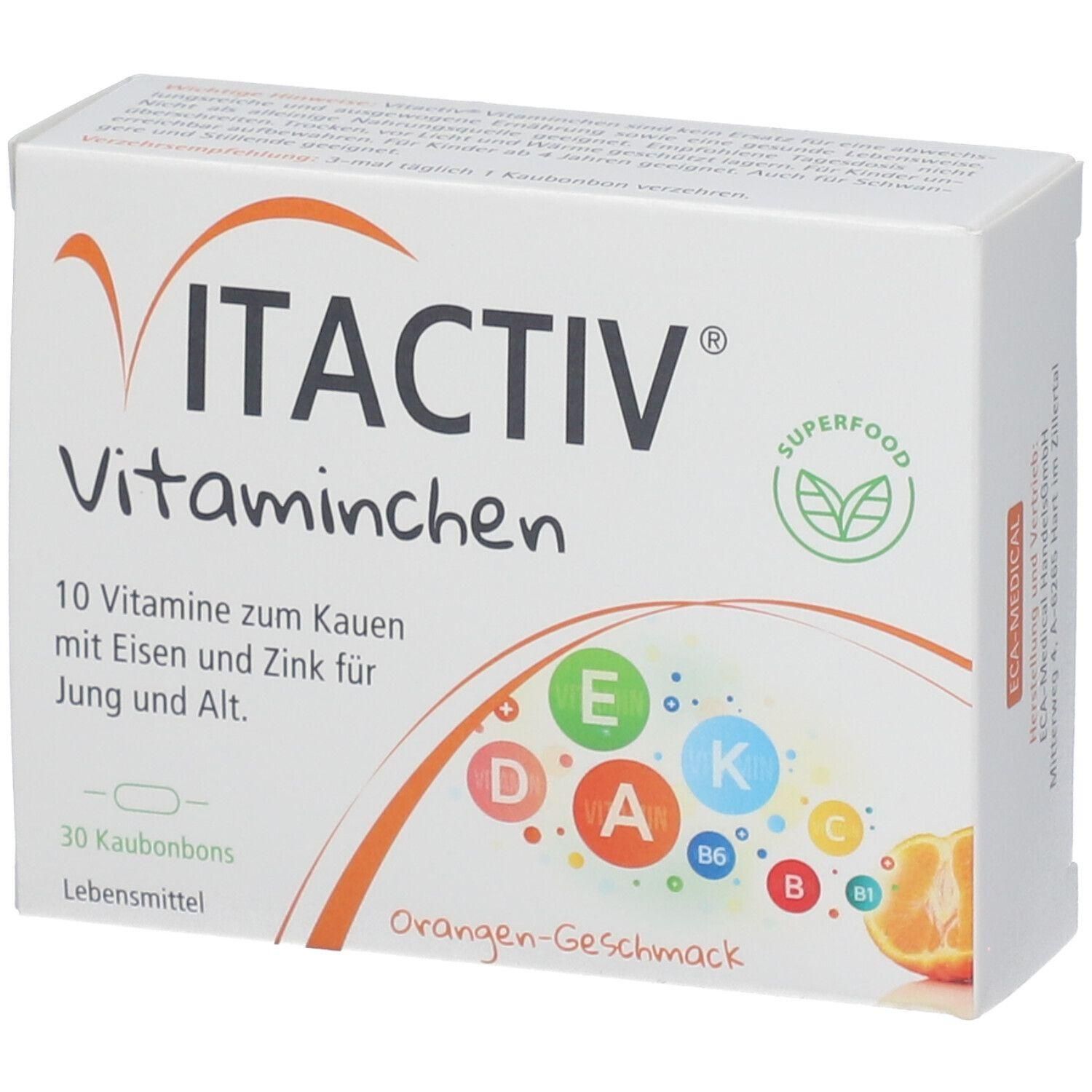 VITACTIV Vitaminzchen Kautabletten mit 10 Vitaminen, Eisen und Zink. Orangen-Geschmack. 30 Stück.