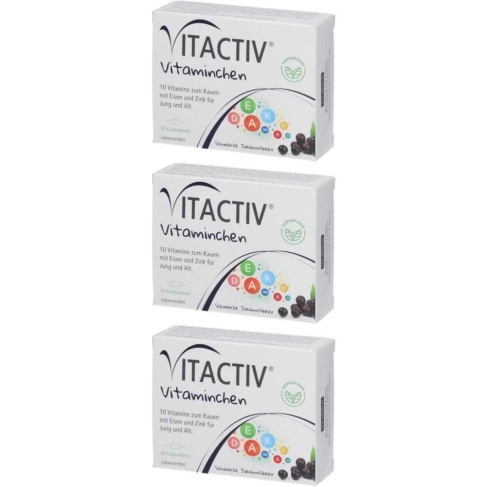 Drei Schachteln VITACTIV Vitaminchen mit schwarzer Johannisbeere. Enthält Vitamine, Eisen und Zink.