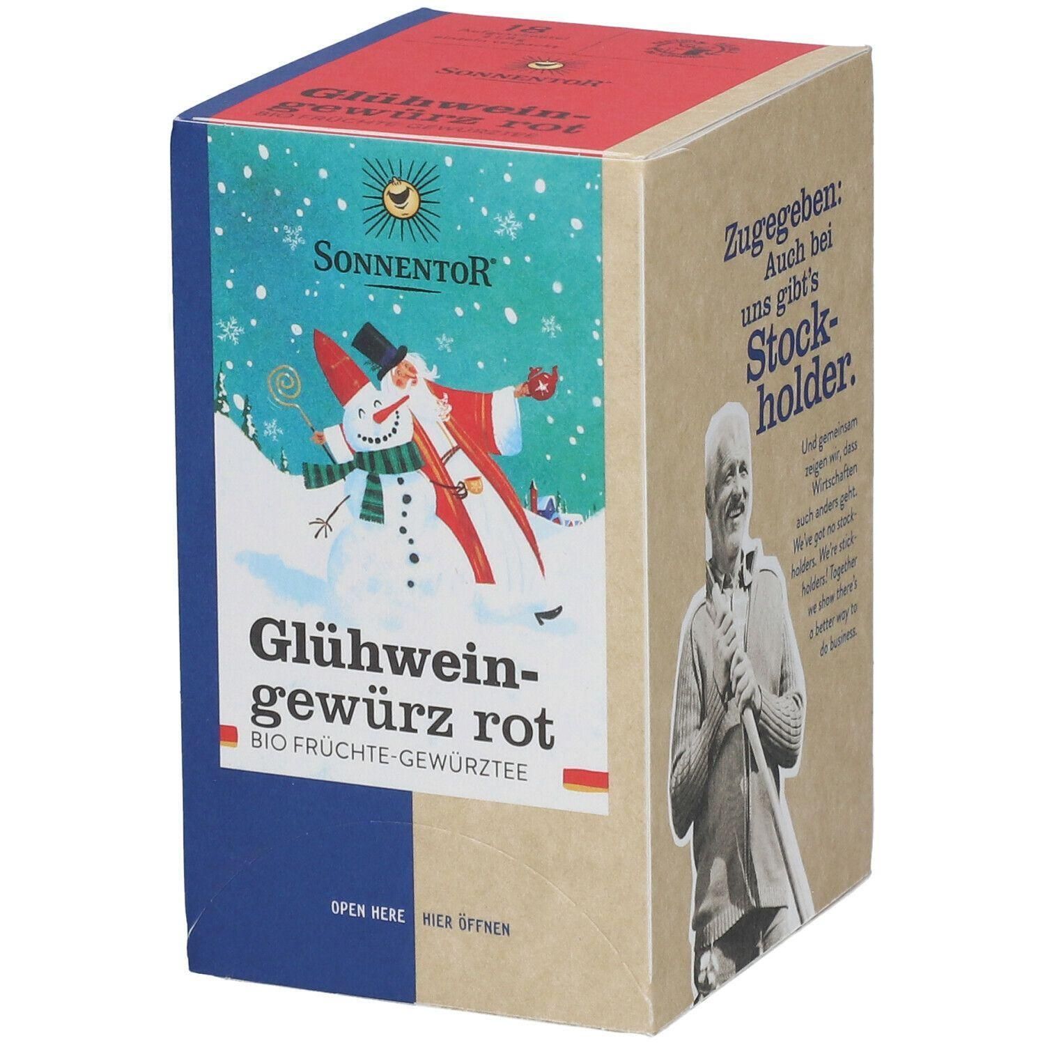 Karton mit Aufdruck. Enthält Glühweingewürz rot. Marke Sonnentor. Abbildung von Schneemann und Weihnachtsmann. Bio Früchte-Gewürztee.
