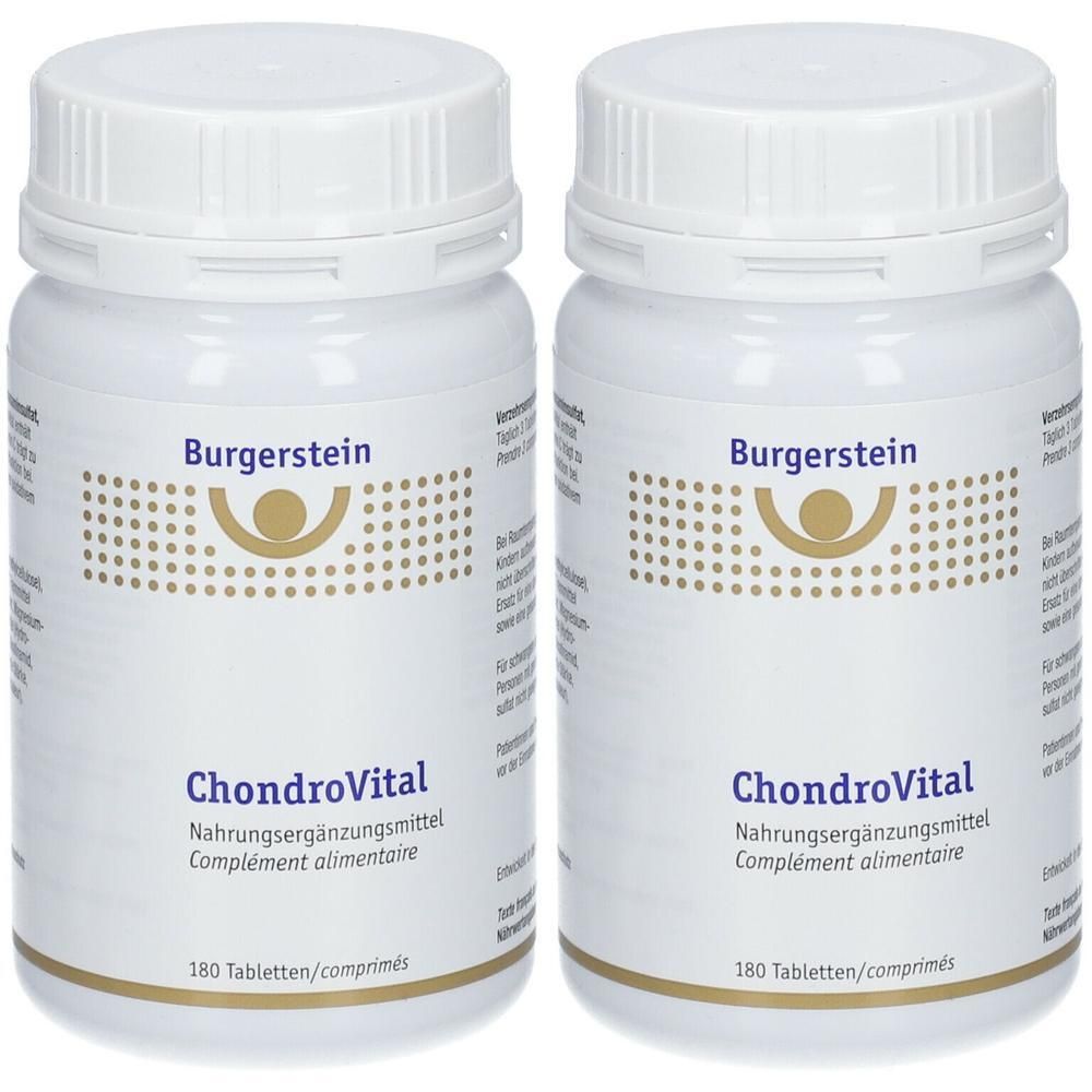 Zwei weiße Flaschen mit Schraubverschluss. Aufschrift Burgerstein, ChondroVital, Nahrungsergänzungsmittel. 180 Tabletten.