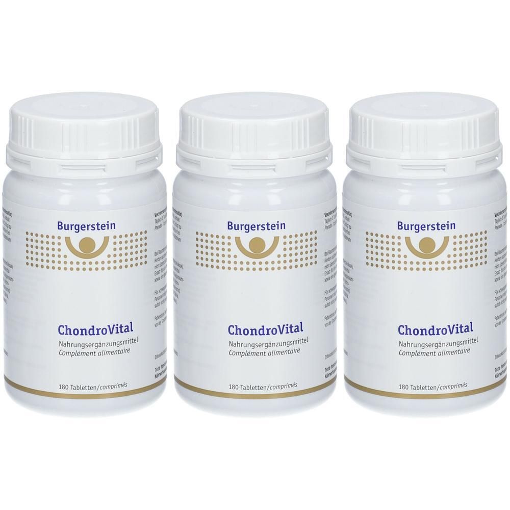 Drei weiße Flaschen mit Schraubverschluss. Aufschrift: Burgerstein, ChondroVital, Nahrungsergänzungsmittel, 180 Tabletten.