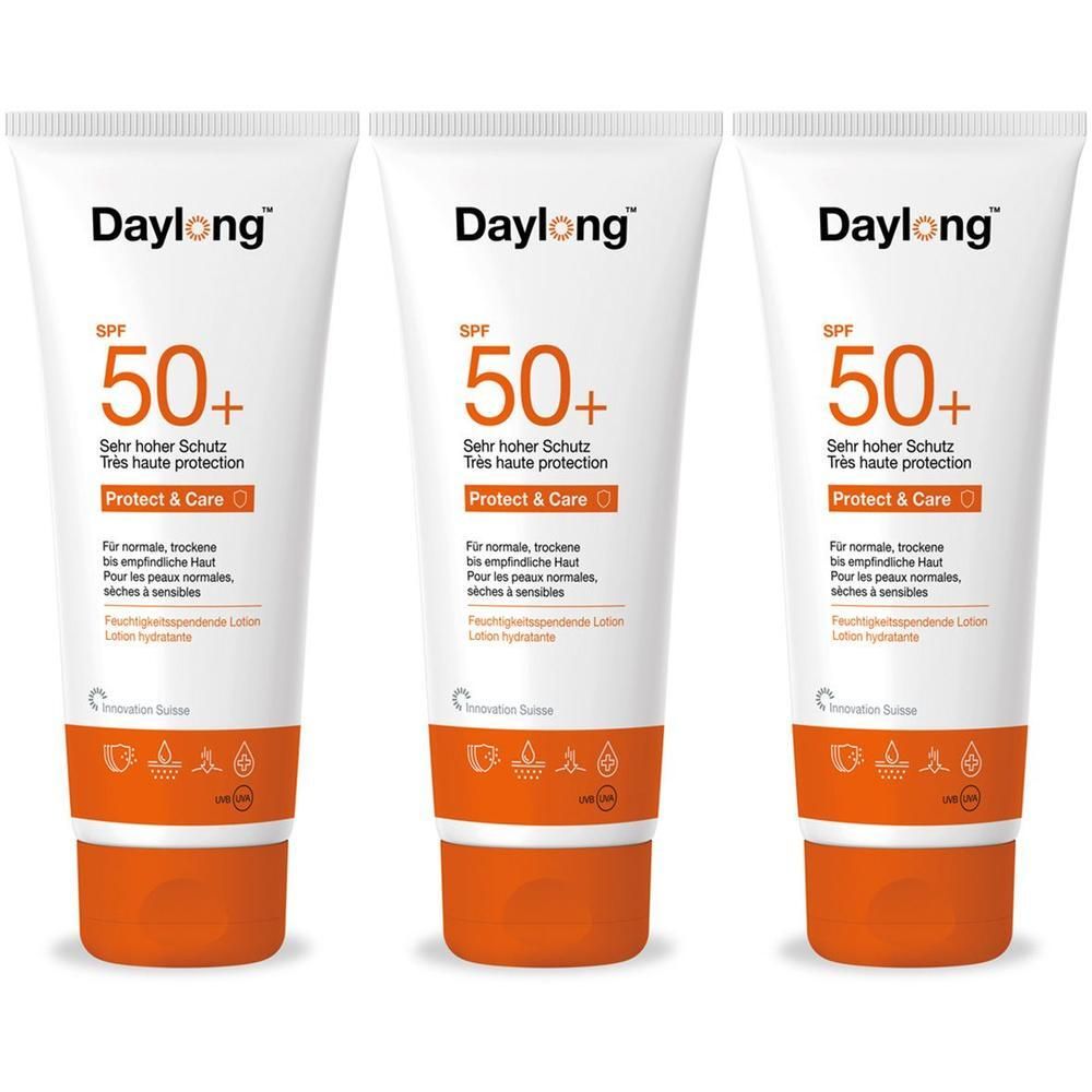 Drei Tuben Daylong Protect & Care Lotion LSF 50+ mit hohem Sonnenschutz für normale bis empfindliche Haut.