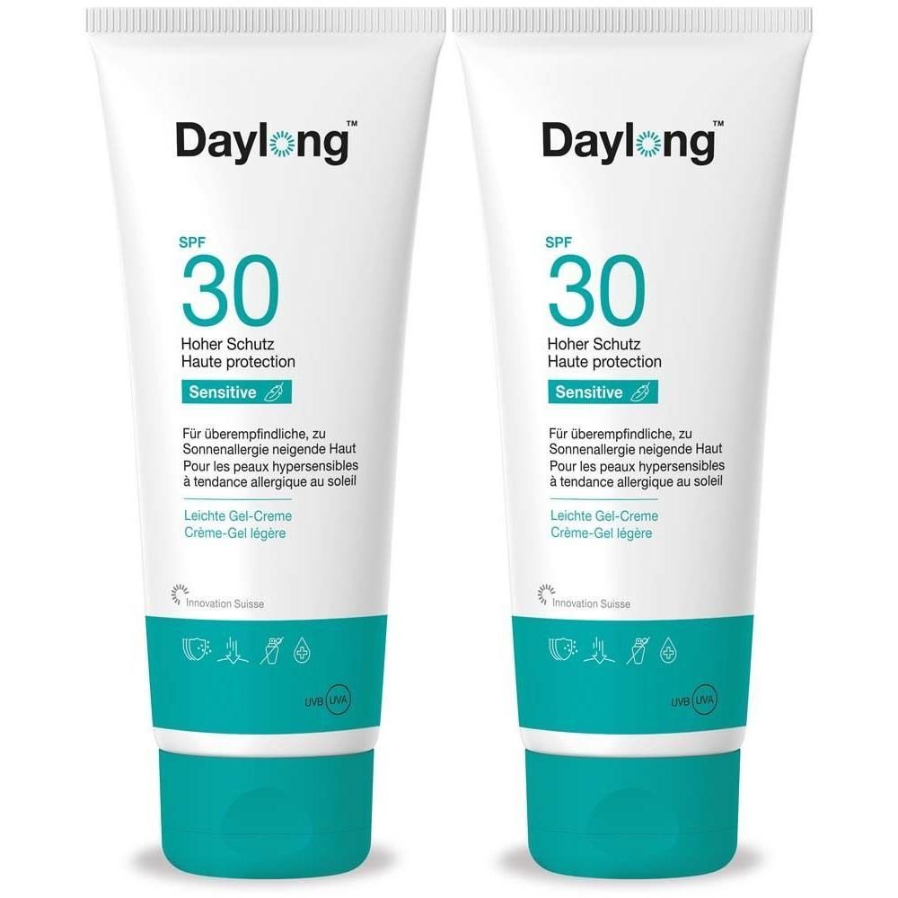 Zwei Tuben Daylong Sensitive Gel-Creme LSF 30 mit hohem Sonnenschutz für empfindliche Haut.
