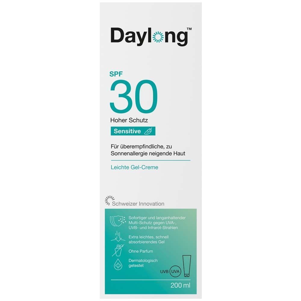 Daylong Sensitive Gel-Creme SPF 30. Weiße Tube mit türkisfarbenem Element und Text. 200 ml.