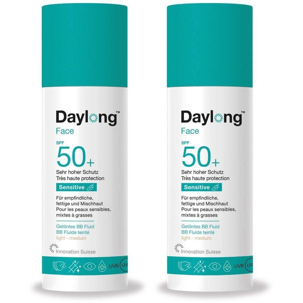 Zwei Flaschen Daylong Face SPF 50+ getöntes BB Fluid, light-medium. Hoher Schutz für empfindliche Haut.
