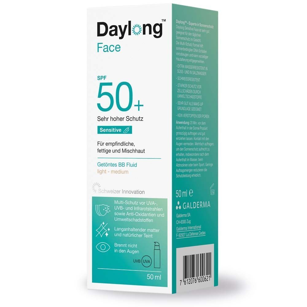 Verpackung Daylong Face SPF 50+ getöntes BB Fluid, light-medium. Enthält Informationen zu Schutz und Inhaltsstoffen. 50ml.