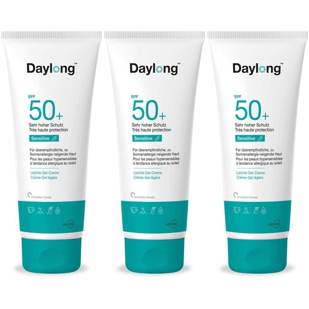 Drei Tuben Daylong Sensitive Gel-Creme LSF 50+ mit weißem und türkisfarbenem Design.