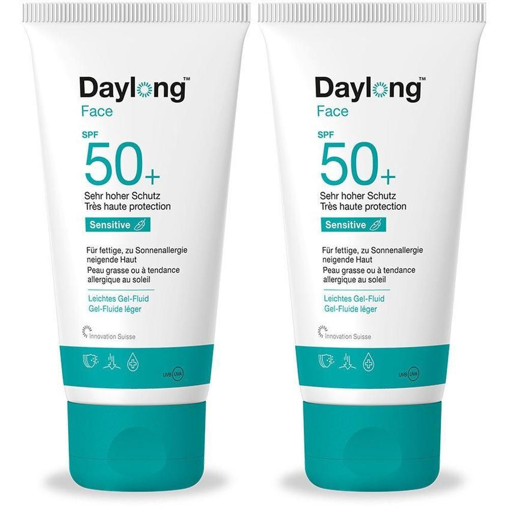 Zwei Tuben Daylong Face Gelfluid SPF 50+ mit weißem und türkisfarbenem Design. "Daylong Face SPF 50+" ist deutlich sichtbar.