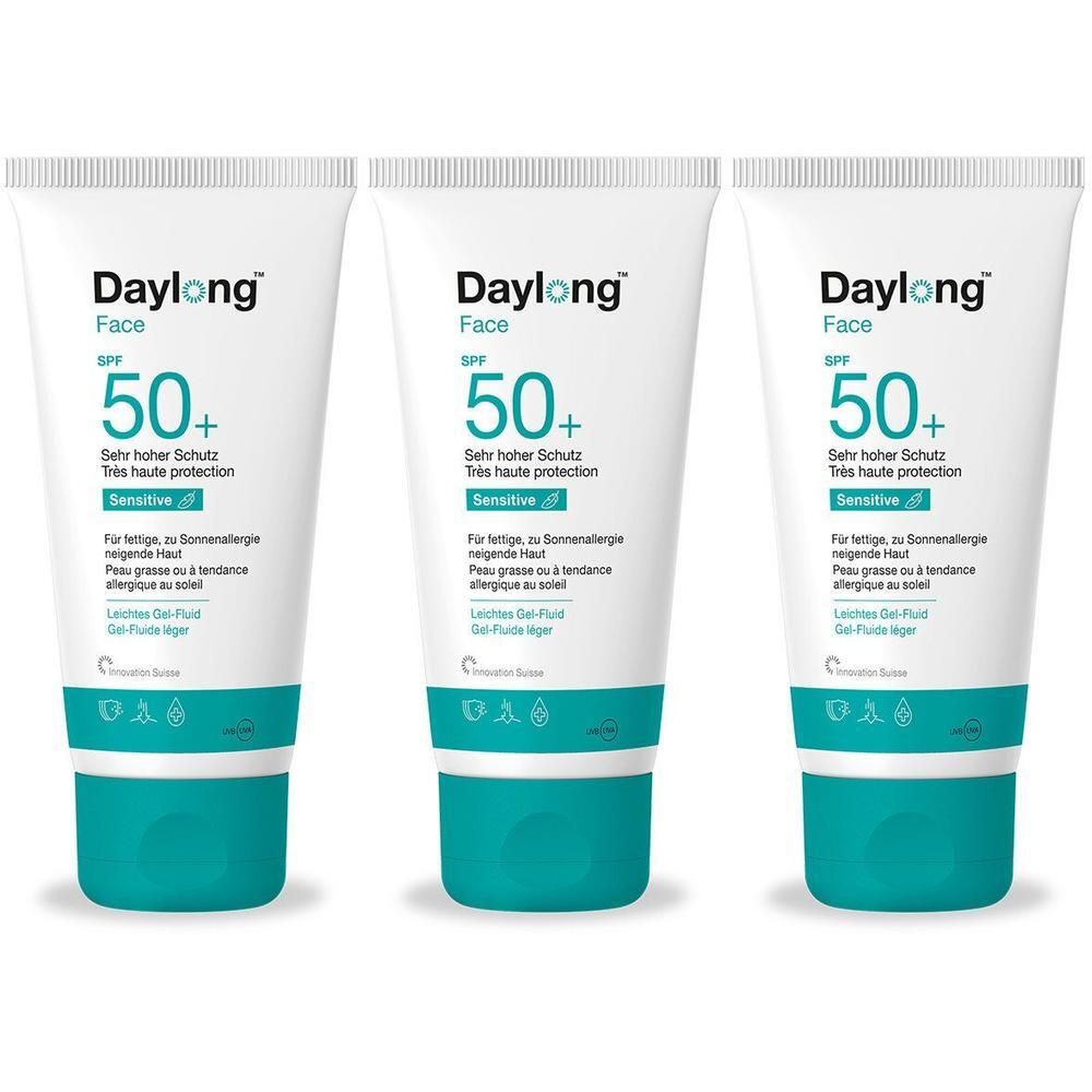 Drei Tuben Daylong Face Gelfluid SPF 50+. Weiß mit türkisfarbenen Akzenten. Text: SPF 50+, Sensitive, Sehr hoher Schutz.