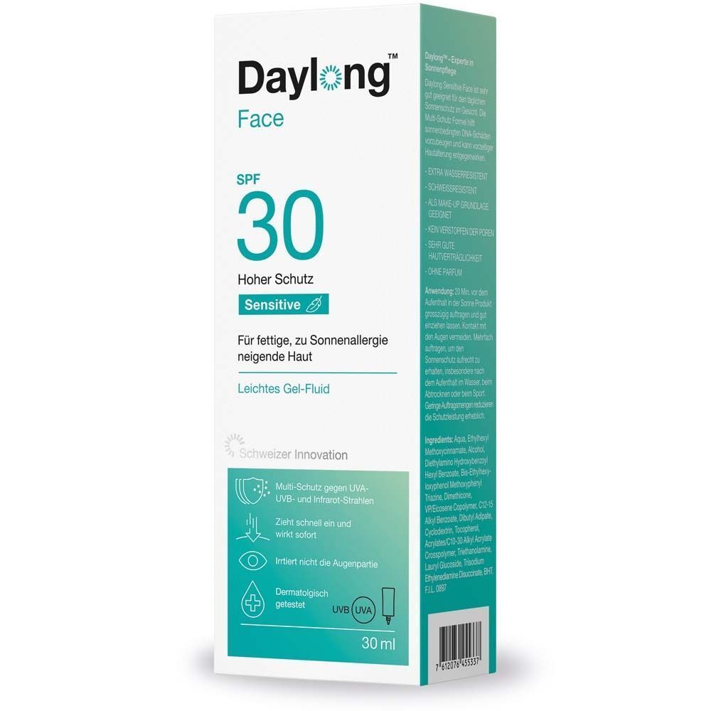 Daylong Face SPF 30-Verpackung, Seitenansicht. Weiß mit türkisfarbenem Boden. Text: SPF 30, Sensitive, Hoher Schutz, Leichtes Gel-Fluid.