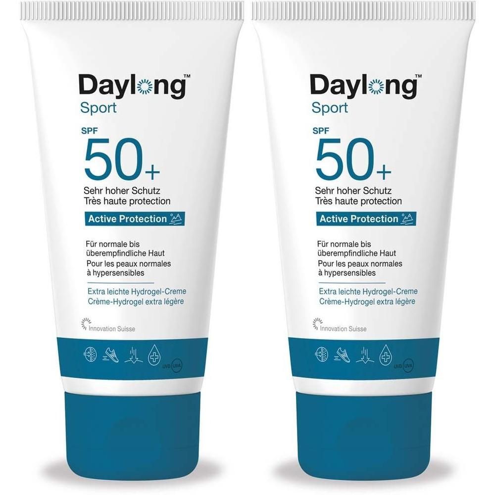 Zwei Tuben Daylong Sport Active Protection Hydrogel-Creme SPF 50+. Weiße Tuben mit blauem Deckel und Schriftzug. SPF 50+.