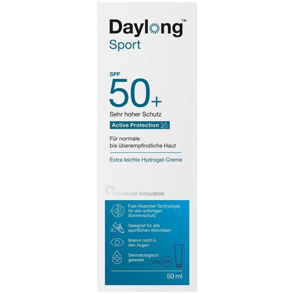 Daylong Sport Active Protection Hydrogel-Creme SPF 50+ Verpackung. Weiß mit blauem Text und SPF 50+. 50 ml.
