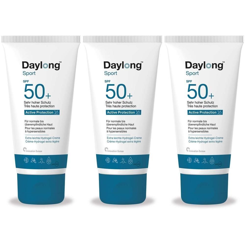 Drei Tuben Daylong Sport SPF 50+ Hydrogel-Creme. Weiße Tuben mit blauem Deckel und Schriftzug. Aufdruck: SPF 50+, Active Protection.