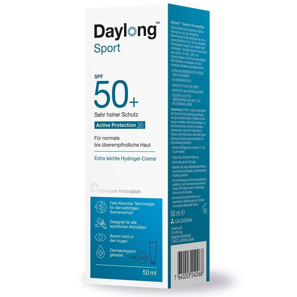 Daylong Sport SPF 50+ Hydrogel-Creme. Verpackung mit Produktinformationen. Aufdruck: SPF 50+, Active Protection. Text für normale bis überempfindliche Haut.