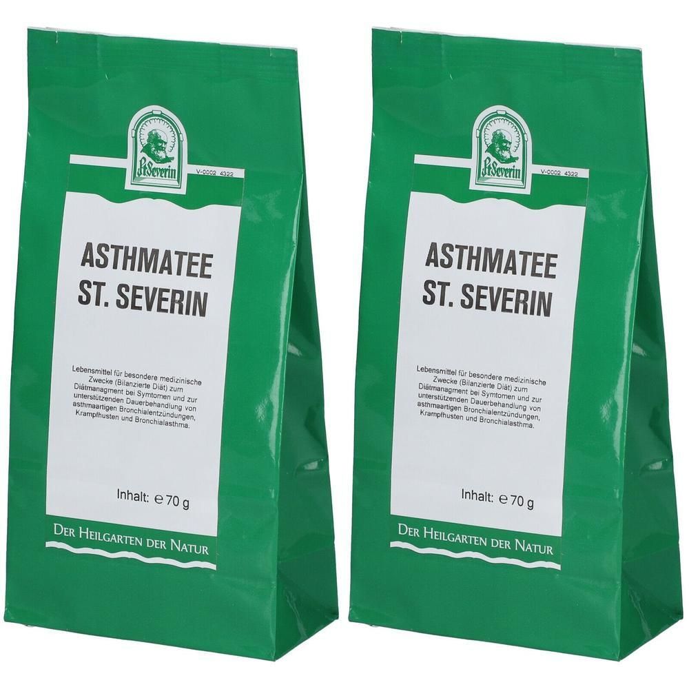 Zwei grüne Beutel mit weißem Etikett. Aufschrift: Asthmatee St. Severin. Inhalt: 70 g. Marke: Der Heilgarten der Natur.
