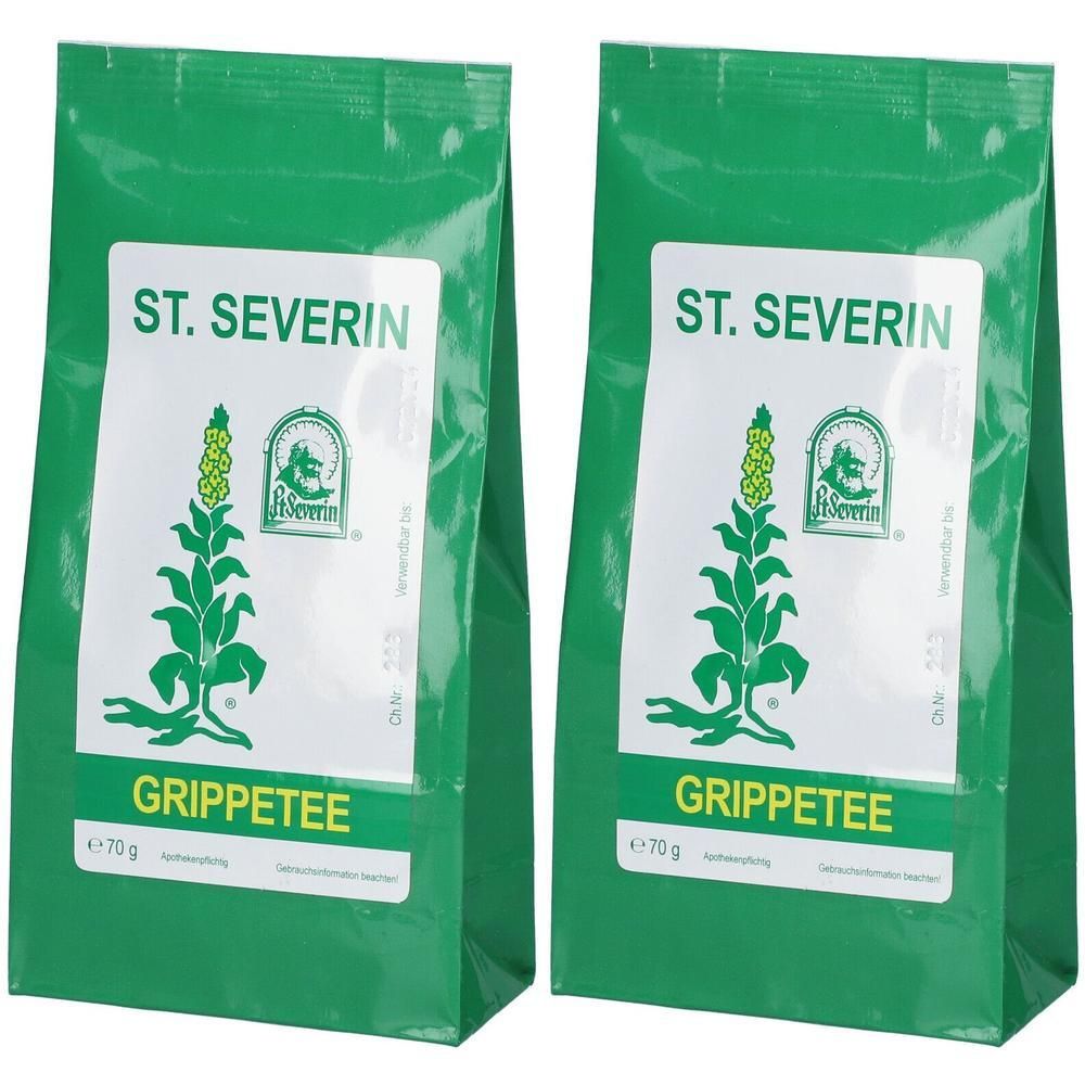 Zwei grüne Beutel mit weißem Etikett. Aufschrift: ST. SEVERIN GRIPPETEE. Logo mit Pflanze. Gewicht: 70 g.