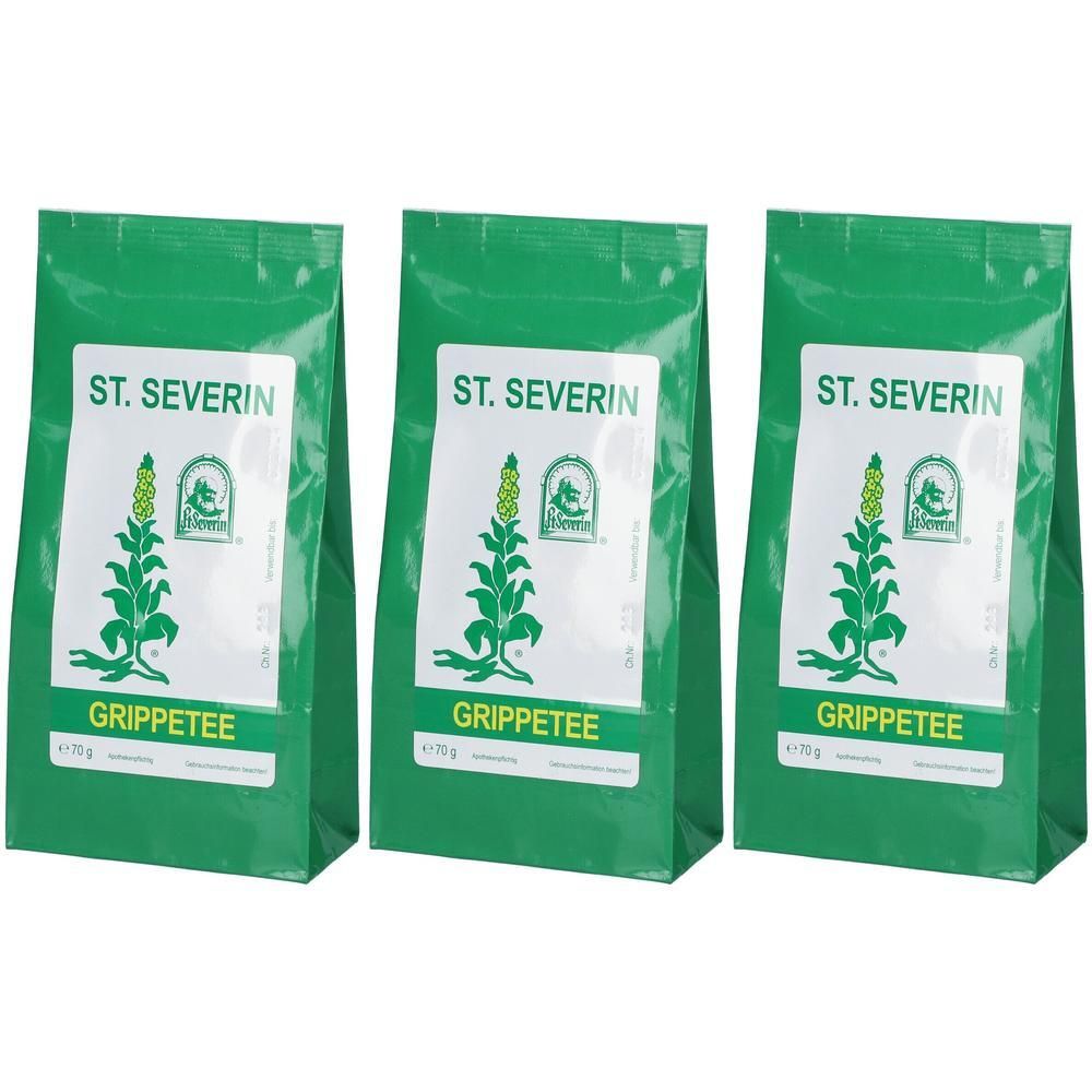 Drei grüne Beutel mit weißem Etikett. Aufschrift: ST. SEVERIN, Grippee Tee. Logo mit Pflanze.