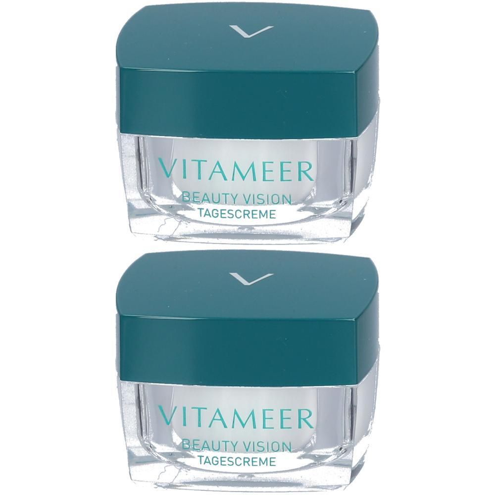 Zwei Tiegel VITAMEER Beauty Vision Tagescreme. Glasbehälter mit türkis Deckel. Aufschrift in Türkis: VITAMEER, Beauty Vision, Tagescreme.