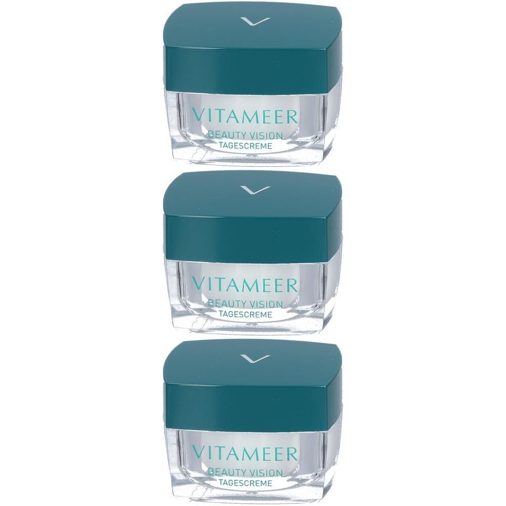 Drei Tiegel VITAMEER Beauty Vision Tagescreme. Transparente Gläser mit teal-farbenen Deckeln. Aufschrift: VITAMEER, Beauty Vision, Tagescreme.