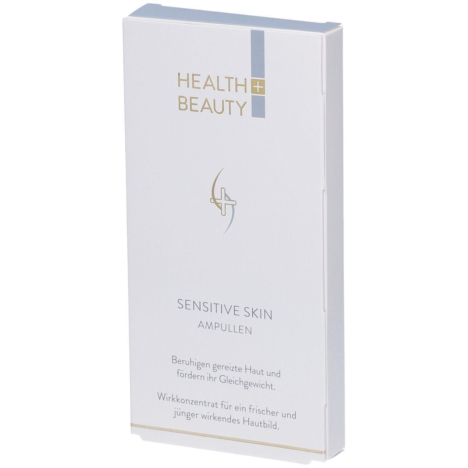 Weiße Verpackung mit "HEALTH + BEAUTY"-Logo und Schriftzug "SENSITIVE SKIN AMPULLEN". Text: Beruhigen gereizte Haut und fördern ihr Gleichgewicht.