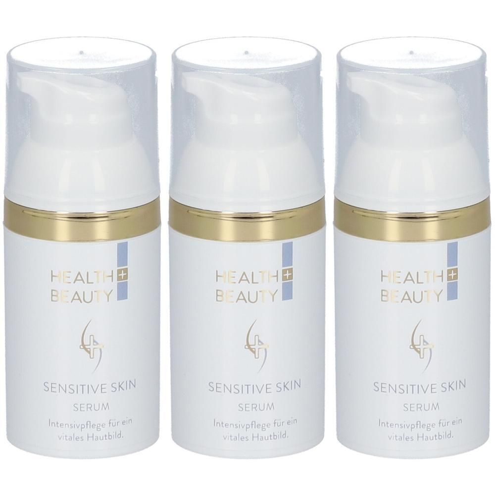 Drei weiße Serumflaschen mit goldenen Rändern und transparenten Deckeln. Aufschrift: Health & Beauty, Sensitive Skin Serum.