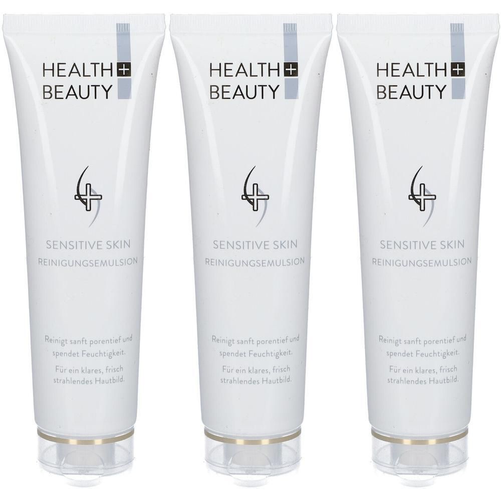 Drei weiße Tuben mit Produkt. Aufschrift: Health & Beauty, Sensitive Skin Reinigungsemulsion. Klare, transparente Basis.