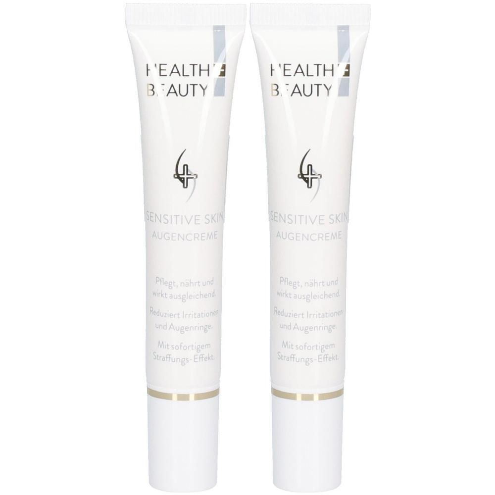 Zwei Tuben Augencreme. Weiße Tuben mit Schriftzug HEALTH & BEAUTY, Logo und Produktbezeichnung SENSITIVE SKIN AUGENCREME.