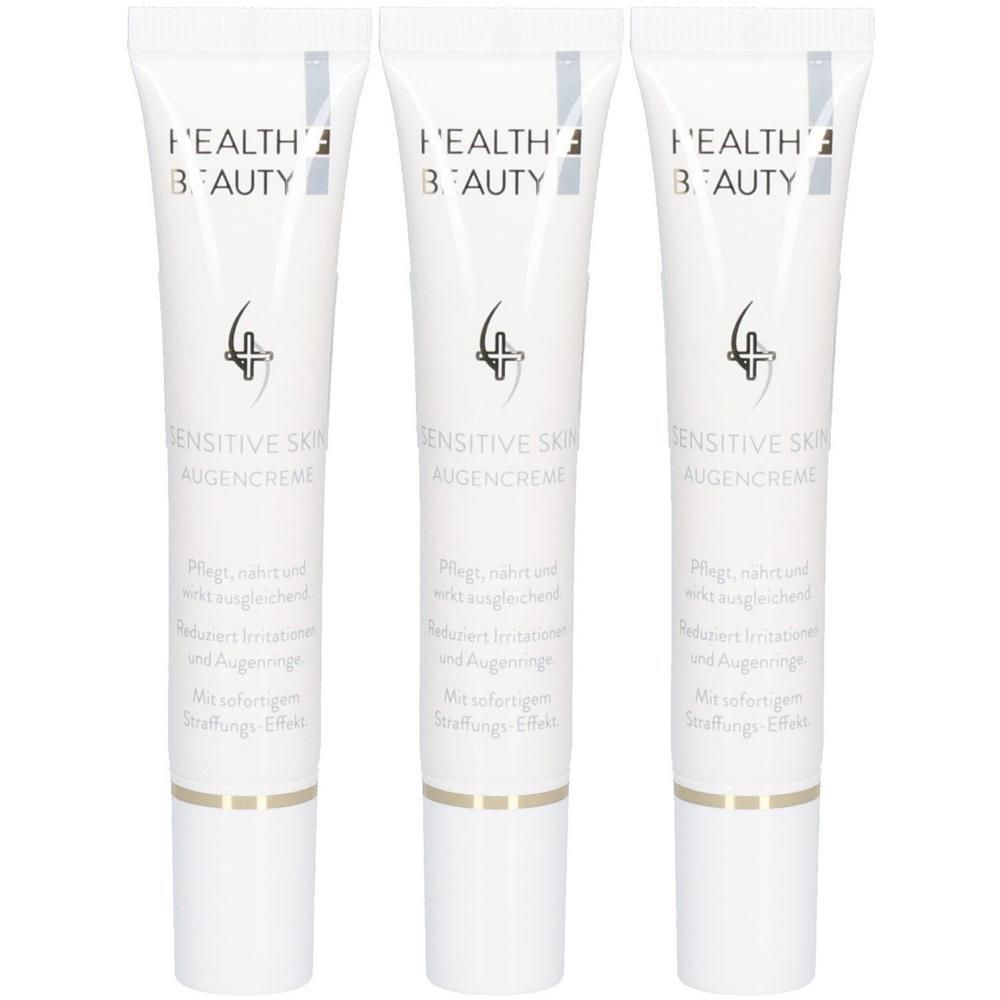 Drei Tuben Augencreme. Weiße Tuben mit Schriftzug HEALTH & BEAUTY und Produktbezeichnung SENSITIVE SKIN AUGENCREME.