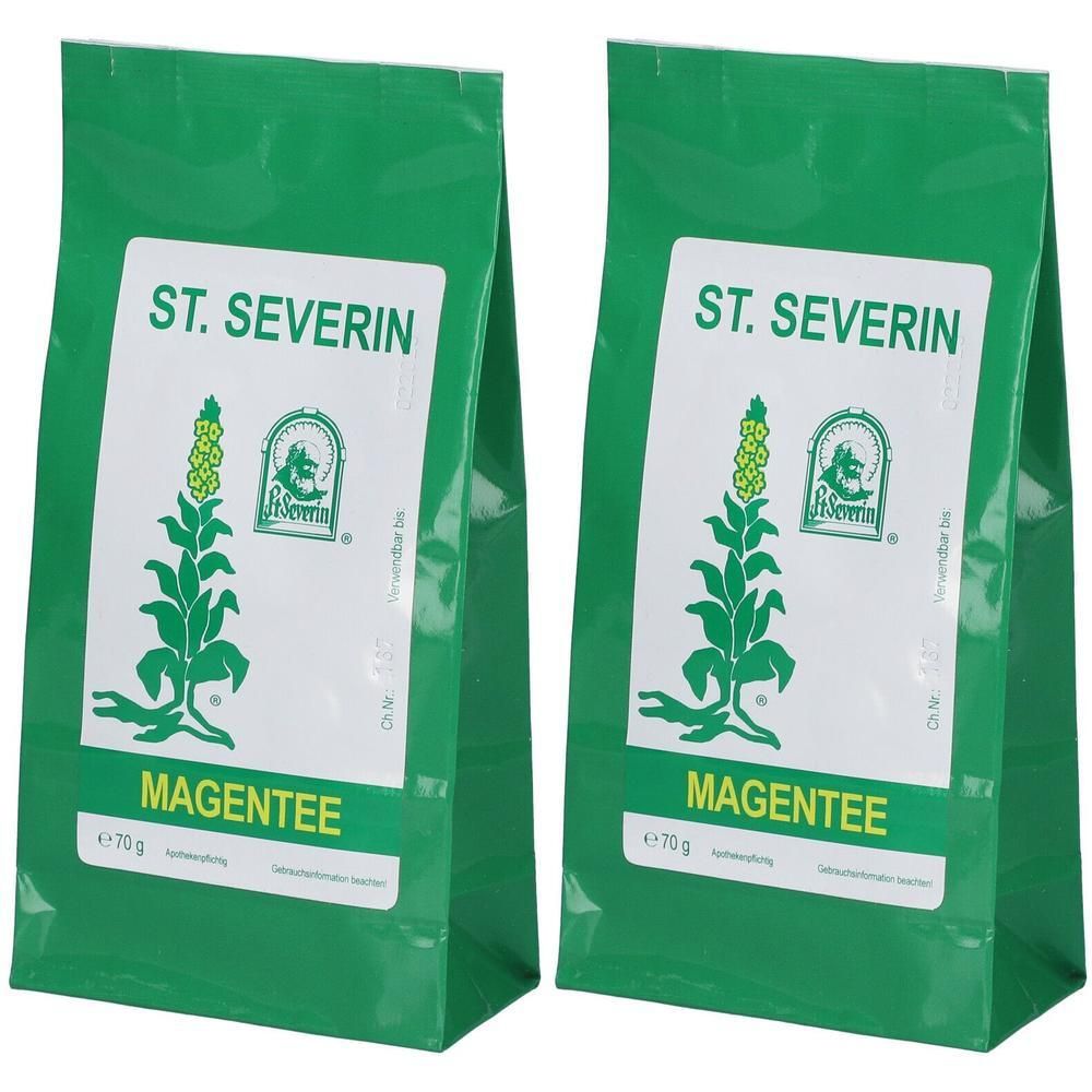 Zwei grüne Beutel mit weißem Etikett. Aufschrift: ST. SEVERIN, MAGENTEE. Logo mit Pflanze und Figur. Gewicht: 70g.