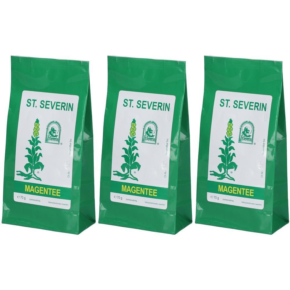Drei grüne Beutel mit weißem Etikett. Aufschrift: St. Severin Magentee. Logo: Pflanze mit Blüten.