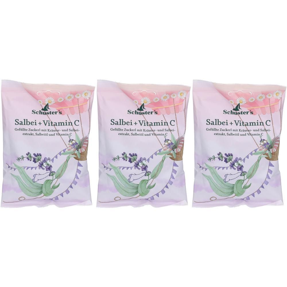 Drei Beutel Schuster's Salbei + Vitamin C Bonbons. Rosa Verpackung mit floralem Design und Produktnamen. Sichtbare Schriftzüge.