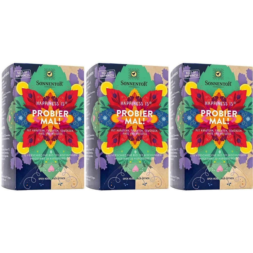 Drei rechteckige Verpackungen mit floralem Design. Aufschrift: SonnentoR, Happiness is, PROBIER MAL! Mit Kräutern, Früchten, Gewürzen, Mate und Melisse.