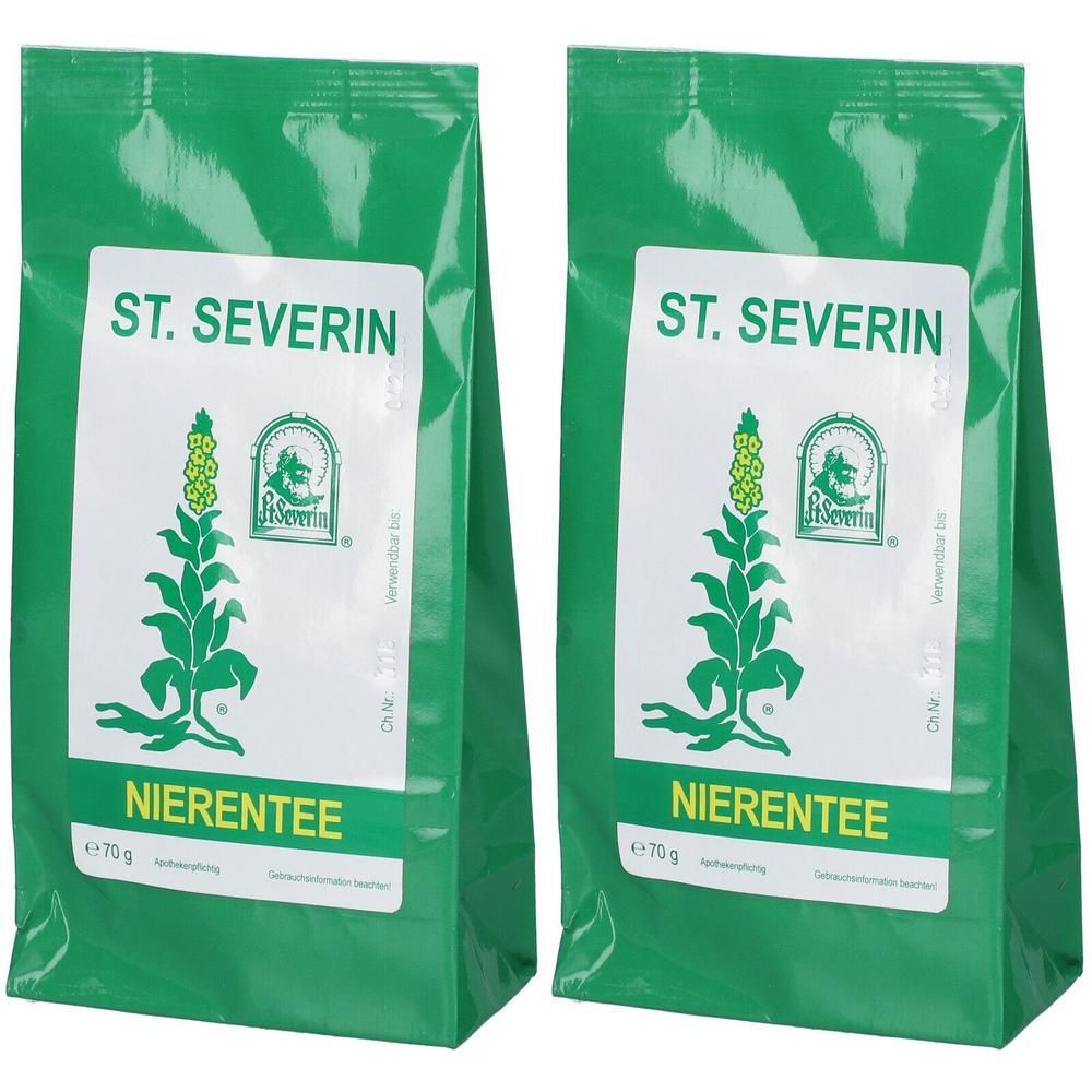 Zwei grüne Beutel mit weißem Etikett. Aufschrift: ST. SEVERIN, Nierentee. Logo mit Pflanze. Gewicht: 70g.