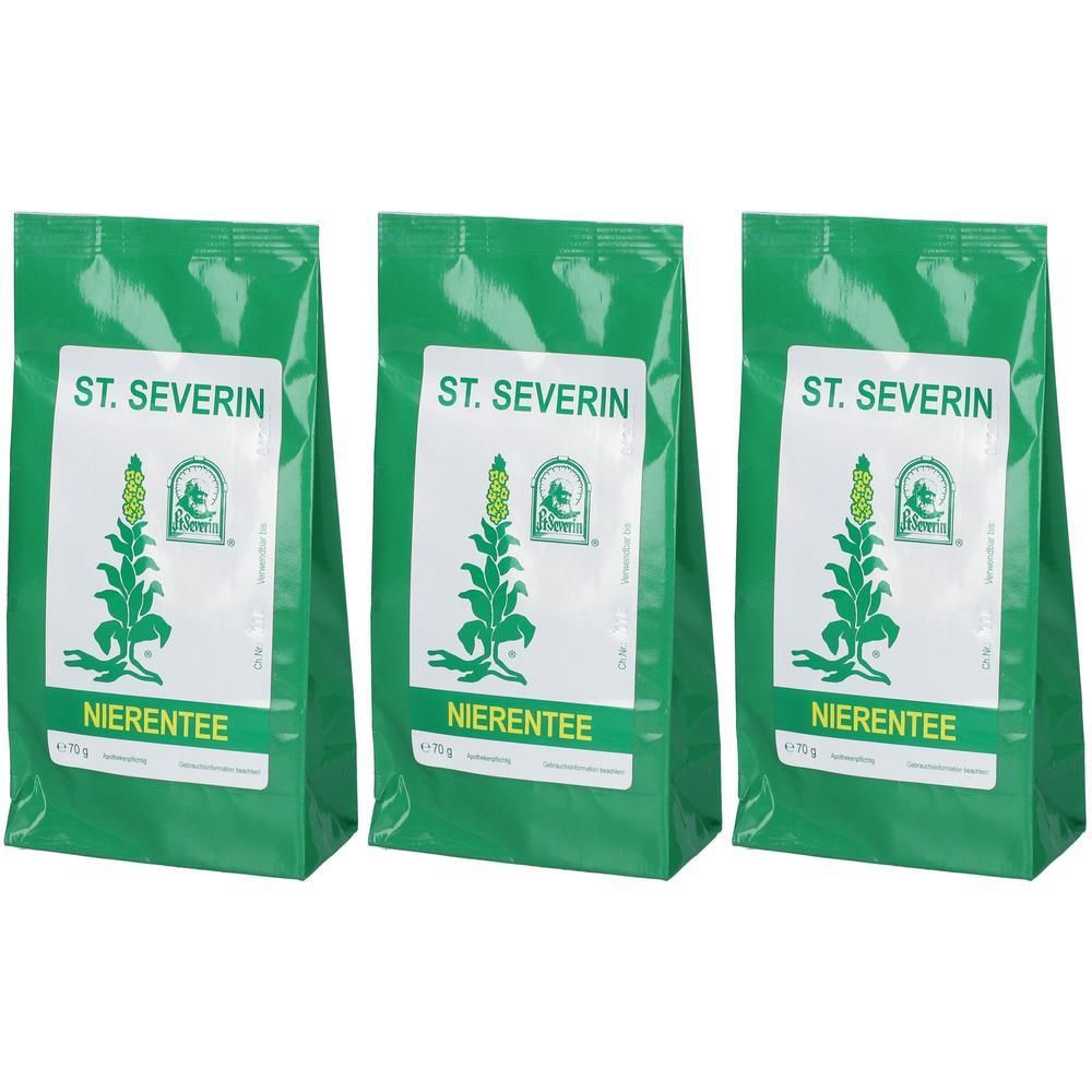 Drei grüne Beutel mit weißem Etikett. Aufschrift: St. Severin Nierentee. Logo: Pflanze mit Blüten.