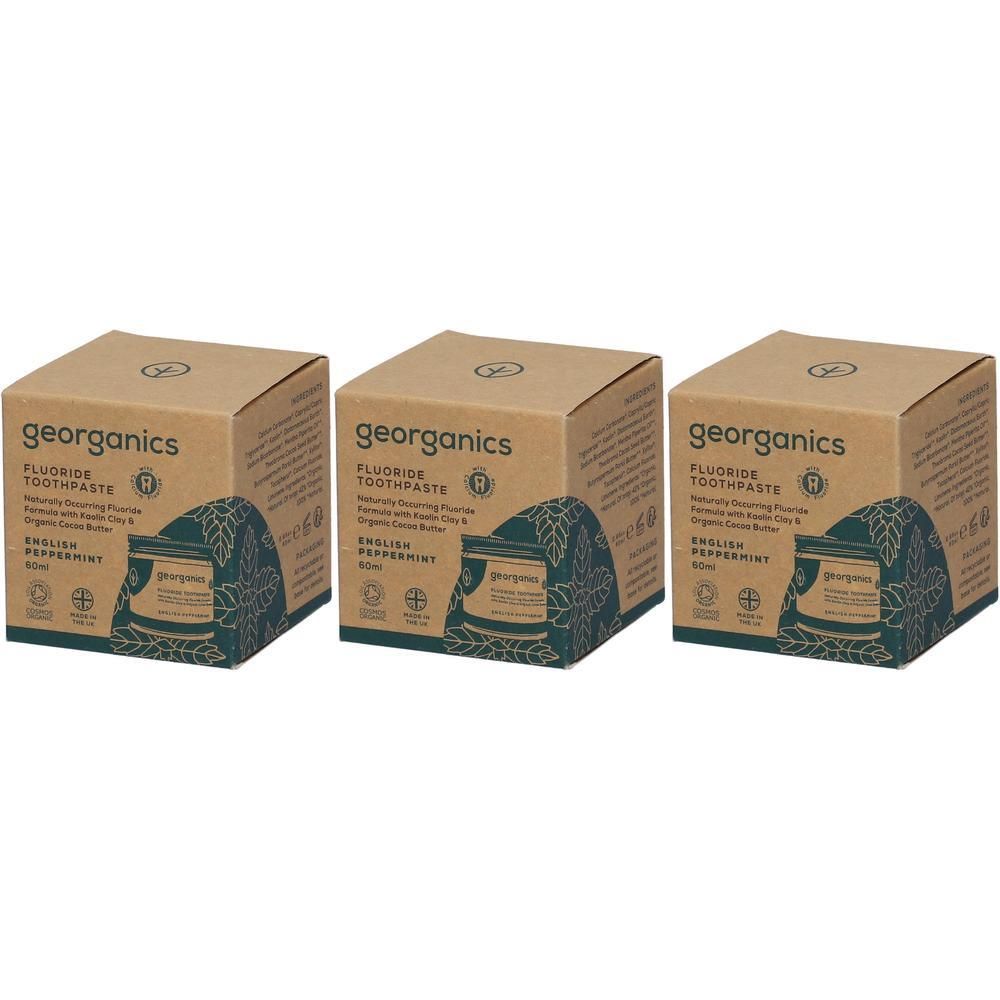 Drei Kartons GEORGANICS Fluorid Zahnpasta, Englisch Pfefferminz, 60ml.